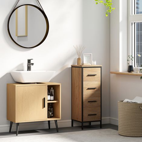 Meuble Sous Lavabo Salle de Bain  Porte Fermeture Progressive + Étagère Réglable  60x30x59,5 cm  Chêne