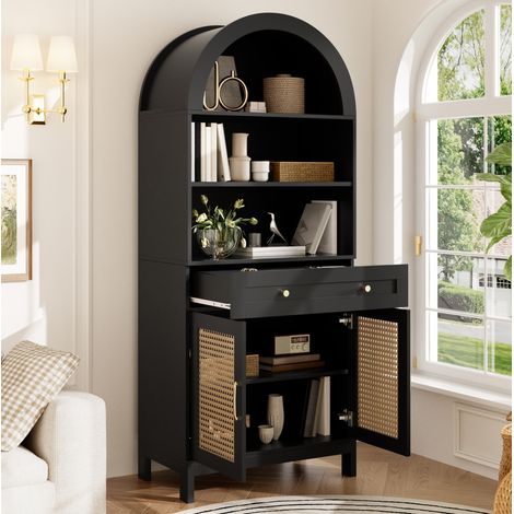 MEUBLIV Vitrinenschrank 70x40x170 cm schwarz und Holz – 3 Fächer, 1 Schublade, 2 Türen (1/5)