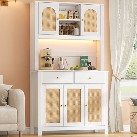 Küchenschrank Hochschrank mit LED, Steckdose, 2 Schubladen, MDF, Weiß 100x40x180 cm OKMYHOME (1/5)