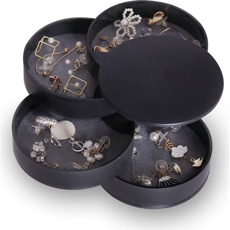 Boîte de rangement ronde noire pour bijoux de voyage, pour femmes et enfants - Présentoir à boucles d'oreilles à 4 niveaux et plateau pour bracelets, bagues et colliers (1/5)
