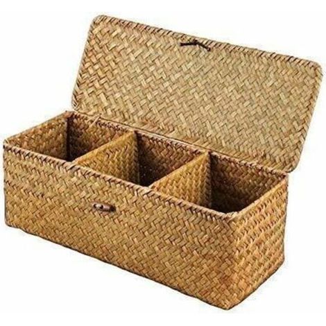 Panier de Rangement avec Couvercle Rectangulaire Coffre en Osier avec Compartiments Organisable Papier Toilette Snack Jouets (1/4)