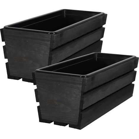 Maceta tipo caja con inserto de madera, color antracita, 40 cm, juego de 2 (1/5)