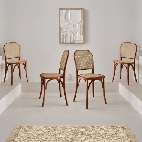 Lot de 4 chaises vintage en bois avec assise et dossier en rotin. coloris noyer. L 44.5 x P 48 x H 89.5cm (1/5)