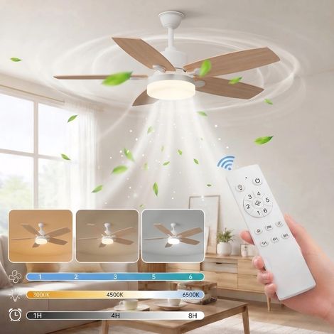 ADWOLT Ventilateur de plafond avec Lumiere -42"(107 cm)-5 pales en bois-Télécommande,Dimmable, Silencieux,6 Vitesses, Minuterie, Silencieux (1/5)