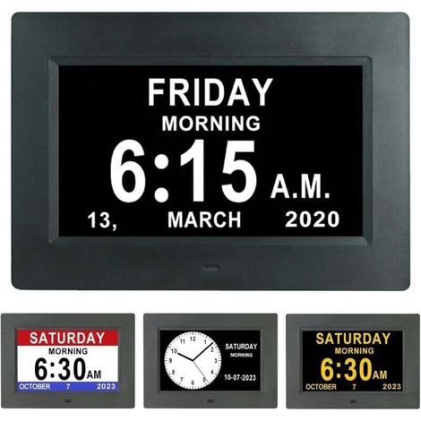 Digital Clock 7 Inch LCD Calendar Date Time Auto Dimming 8 Languages HD Display Alzheimer Elderly Children Black (1/4)