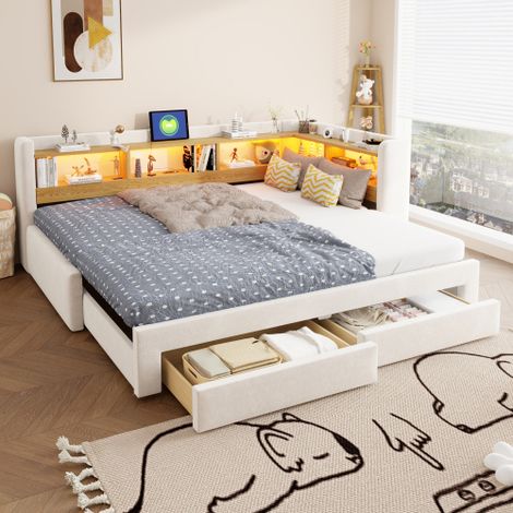 Canapé-lit de 90 x 200 cm avec lit d'appoint coulissant, lit de jour 3 en 1 avec tiroirs, lit en L avec éclairage LED et prise électrique – convertible en lit double de 180 x 200 cm pour la chambre à (1/5)