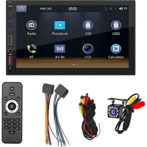 Autoradio double DIN 7 pouces compatible CarPlay, Android Auto et MirrorLink, avec écran tactile multimédia, Bluetooth, radio, caméra et port USB. (1/5)