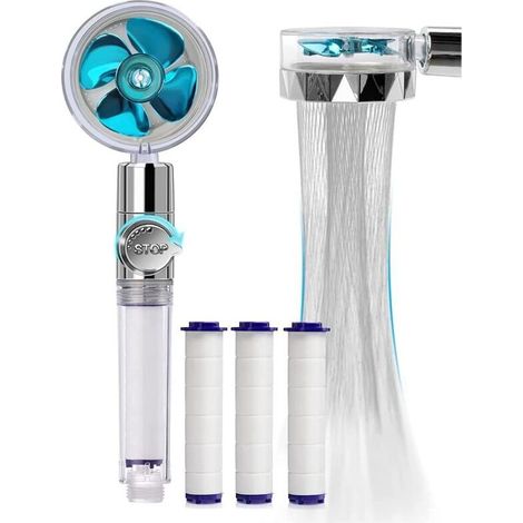 Douchette, Pommeau de Douche Anti Calcaire Economie Deau, Pommeau de Douche Helice Haute Pression Pivotant à 360 °, Filtre à Trois Niveaux Système de Filtrage Avec,3 Coton PP Remplaçable (Blue) (1/5)