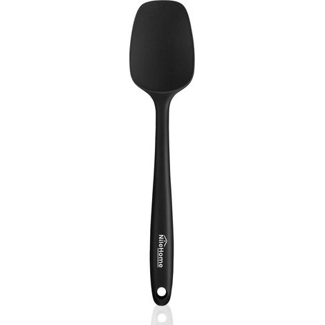 Silikon Löffelspatel, Hitzebeständig, BPA Frei, Nahtlos, mit Edelstahlkern, Schwarz