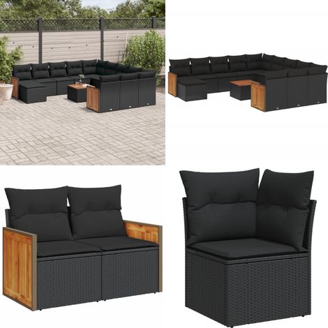 Salon de jardin avec coussins 13 pcs noir résine tressée - Ensemble Salon Jardin - Meuble Extérieur - Mobilier De Jardin - Chaise Lounge - Set Salon - Home & Living (1/5)