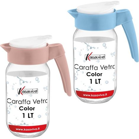 KIT SET 2 PZ CARAFFA IN VETRO TRASPARENTE CON TAPPO COLORATO E CAPIENZA DA 1 LT (1/5)