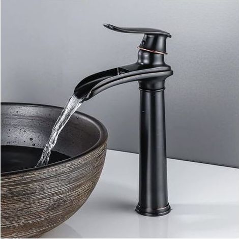 Schwarzer Wasserfall-Badarmatur, Retro-Hochbeckenarmatur, Messing-Waschbeckenarmaturen, antike ORB-Einhand-Badarmatur für das Badezimmer (1/5)