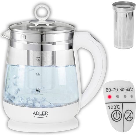 Adler AD 1299 Hervidor Agua Eléctrico 1,5L, Jarra Cristal, Selector Temperatura, Inalámbrico, Retroiluminado 2200W Blanco (1/5)