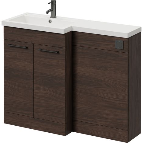 Napoli 390 Brown Oak 1100mm 2 Door Vanity Unit Toilet Suite with Square Left Hand Lucia Basin - 1100mm - Gunmetal Grey 160mm HandleWithout Kingston Toilet Pan