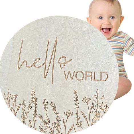 Panneau rond en bois de tilleul de 15 cm (5,9 pouces) pour annoncer une naissance, avec la phrase « Bonjour bébé » pour décorer la chambre de bébé L6 (1/5)