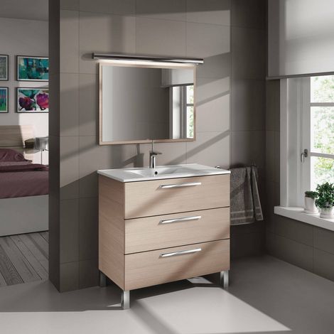 Dmora – Meuble sous vasque 80x45x86 cm – Armoire de toilette avec 3 tiroirs et miroir – Panneau mélaminé résistant aux chocs – Pour lavabo intégré - 80x45h86 (1/4)