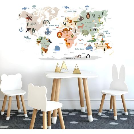 Lntyq Stickers Muraux Carte du Monde Enfant Sticker Mural Décoration Murale Chambre Enfants Autocollants Muraux Amovibles pour Chambre de Bébé Pépinière D'enfant