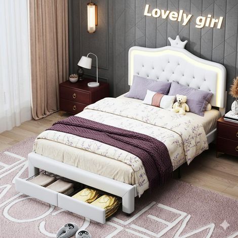 Cama 140 x 200 cm - Cama doble / Cama infantil - con cabecero luminoso Corona - Cajón de almacenamiento - Similcuero - Blanco (1/5)