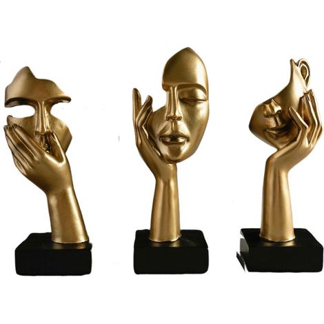 Lot de 3 statues décoratives dorées pour la maison – Visage de femme – Décoration de bureau dorée