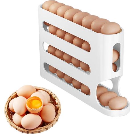 TuseRxln Porte-œufs – Boîte à œufs – Rangement empilé à 4 niveaux avec système de roulement automatique – 30 pièces – Réfrigérateur/Blanc (1/3)