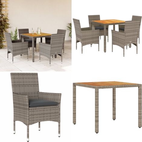 5-tlg. Garten-Essgruppe mit Kissen Grau Poly Rattan Akazie - Gartentisch - Gartenmöbel Set - Outdoor Möbel - Esstisch - Gartenstühle - Home & Living