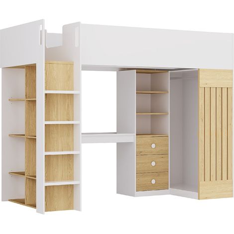 Letto a soppalco 90 x 190 cm con vani scrivania e bastone appendiabiti Bianco e Naturale - LORINTI