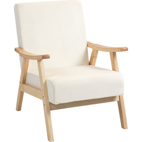 Fauteuil rembourré, garnissage en mousse, structure en bois d'hévéa, blanc crème