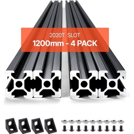 Profilés d'Extrusion en Aluminium 2020, Lot de 4, Rail Linéaire Anodisé Norme Européen Rainure en T 1200 mm, Haute Résistance, pour Imprimante 3D, Machine Bricolage CNC, Gravure au Laser, Noir (1/5)