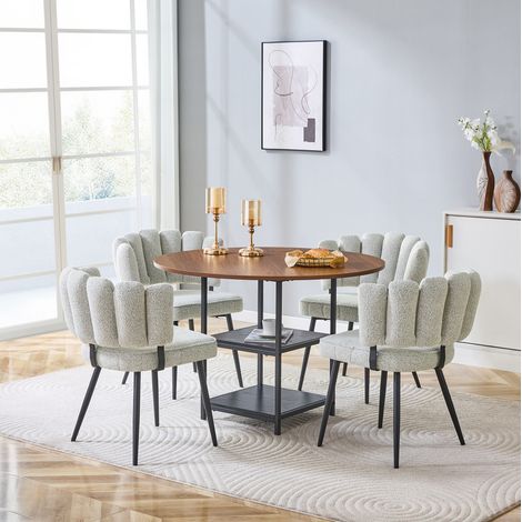 Ensemble table et chaises de salle à manger 4 places, table ronde 107 cm avec double rangement, chaises tissu bouclette beige clair CHICFURN (1/5)