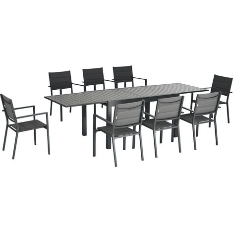 Salon de jardin table extensible 135-270 cm en aluminium et textilène 6/10 personnes 8 chaises empilables gris (1/5)