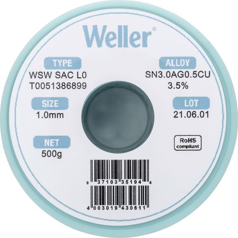 Étain à souder sans plomb Sn3,0Ag0,5Cu 1 mm Weller WSW SAC L0 bobine 500 g (1/5)