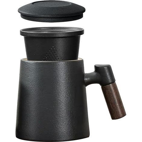 Tasse à Thé avec Couvercle et Passoire en Porcelaine Grande 400ml Infuseur Poignée Bois Cup Céramique émaillée Mate Jumbo pour Thé ou Infuser Café sans Plastique Noir (1/5)