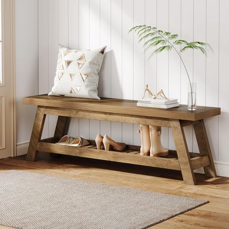 Tribesigns – Banc à chaussures 140 x 35 x 45 cm – Rangement à 2 niveaux – Meuble d’entrée en MDF – Style ferme, finition noyer clair (1/5)