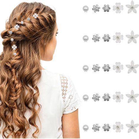 25 Pieces 5 Patterns Rhinestone Pearls Small Flower Hair Clips, White Flower Hair Clips, Mini Hair Pins for Women, Bridal Barrettes for Wedding, Hair Accessories (White) (1/5)