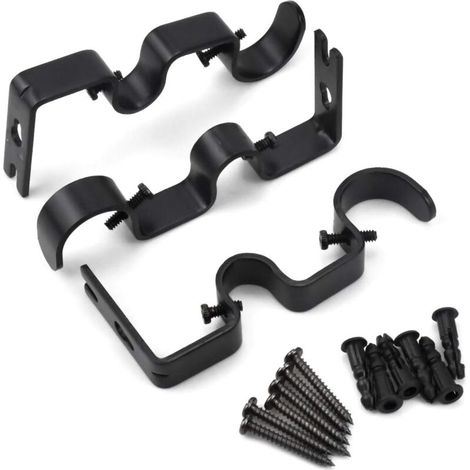 3 Pcs Noir Support de Tringle à Rideau Double Tringle à Rideau Pole Holder Rideau Drapery Rod Supports pour Barre de Rideaux Chambre Salon avec Vis, Capacité de Transport Superbe de 25 lb
