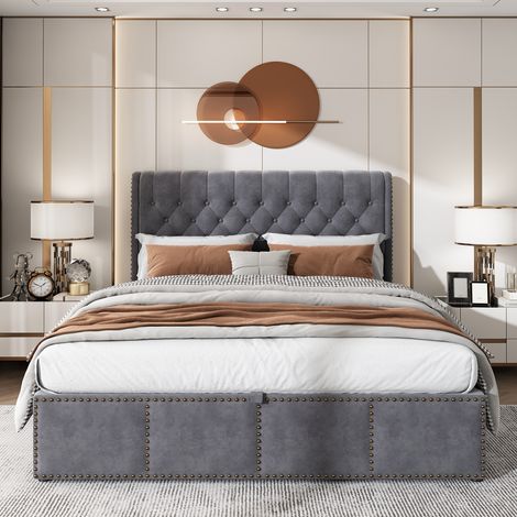 Sommier hydraulique 160x200 cm avec coffre de rangement, lit en velours gris, clous décoratifs, sans matelas