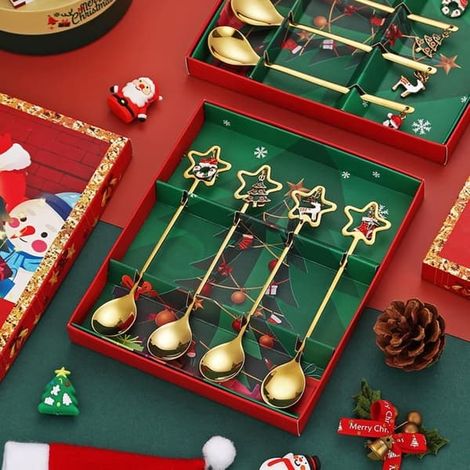 Ensemble de 4 cuillères à café de Noël en acier inoxydable doré, cuillère à dessert, décoration de table pour le Nouvel An (1/4)