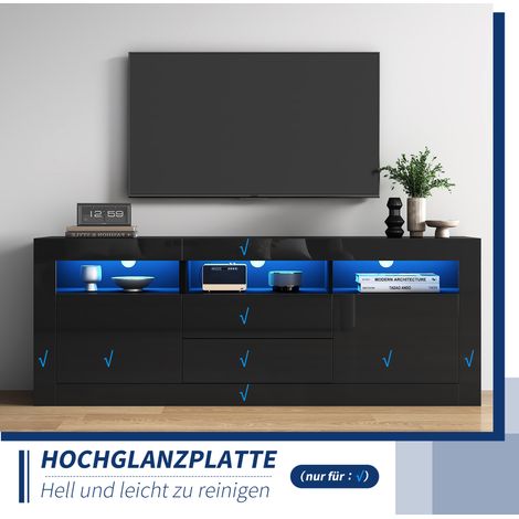 Meuble TV laqué 1603560cm avec éclairage LED, 3 compartiments ouverts, 2 portes, 2 tiroirs, commande intelligente par application, pour téléviseur de 70 pouces, meuble TV brillant (1/5)