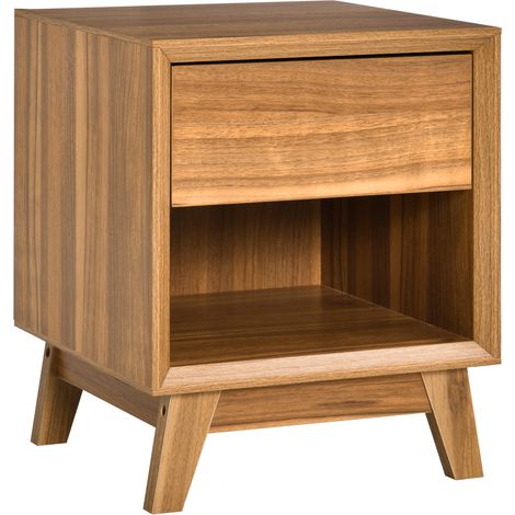 Modern Bedside Table Nightstand, Living Room End Table, Side Table with Drawer and Shelf, Walnut Brown