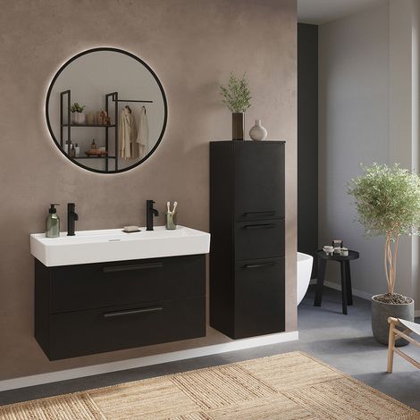 Badmöbel Set 3-teilig Waschtisch für 2 Armaturen, Spiegel rund und Midischrank in Beige - ATELLA-03 (1/5)