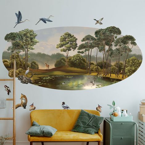 Grand papier peint panoramique découpé, au bord de l'étang nature historique avec animaux, intissé colle activable à l'eau, 65 cm X 172 cm (1/5)