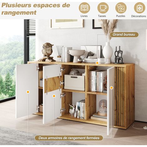 Buffet 140 x 35 x 71 cm enfilade finition brillante 3 portes compartiments de rangement motif ondulé charge jusqu'à 60 kg coloris