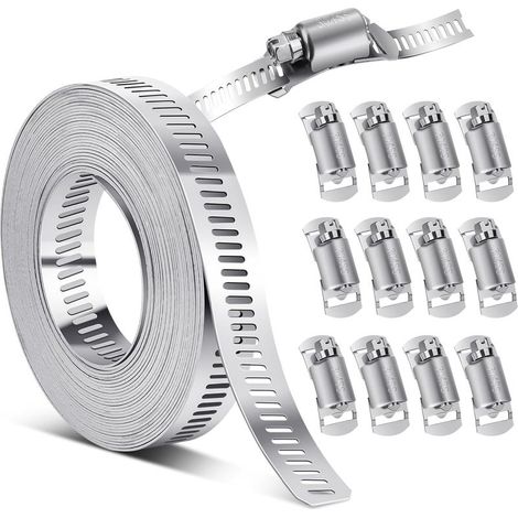 rotolo da 5 m di fascetta stringitubo, 12 elementi di fissaggio in acciaio inox 304, per tubi flessibili per acqua, aria e olio. (1/5)