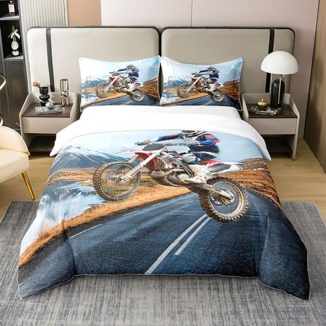 Housse de couette 100 % coton - 135 x 200 cm - Pour enfants, garçons, adolescents - Grunge Bike Rider - Neige - Montagne - Housse de couette légère - Avec 1 taie d'oreiller - Décoration (1/5)