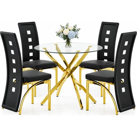 ELVMI Essgruppe mit 1 Rundem Tisch und 4 Stühlen, Gehärtetem Glas, Metall und PU-Leder, Schwarz und Gold (1/5)