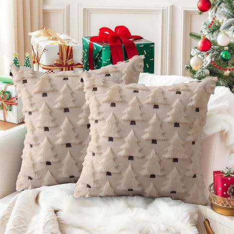 Weihnachtskissenbezüge 45 x 45 cm, 2er-Set, weich und flauschig, aus beigefarbenem Kunstfell, Winterdekoration für Sofa und Wohnzimmer. (1/5)