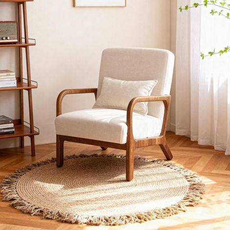 Gepolsterter Sessel mit Armlehnen, Massivholzrahmen, Beige (1/5)