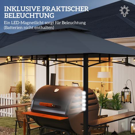 Pavillon de jardin avec LED 243x148x248 cm, imperméable et ignifuge, tonnelle double toit avec étagères latérales, abri BBQ anti-UV en métal gris, tente de fête pour grillades (1/5)