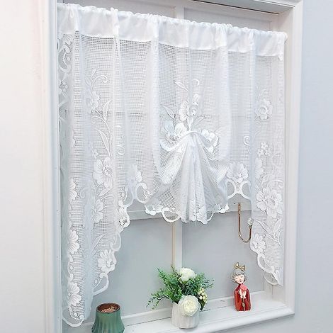 Draperie Tulle Rideau Court Sheer Kitchen Tie Rideau Réglable (Blanc) (1/5)