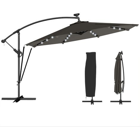 Outsunny parasol excéntrico de aluminio con luces LED solares, Ø345 cm, con base cruzada, manivela, funda protectora y cuerda de viento, upf50+, gris